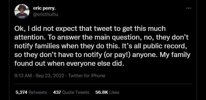 Erric Perry's tweet on Netflix series Dahmer