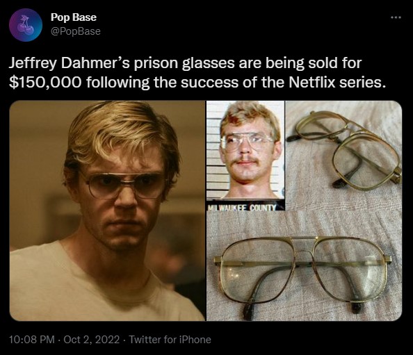 Pop base tweet on jefferey dahmer's glasses