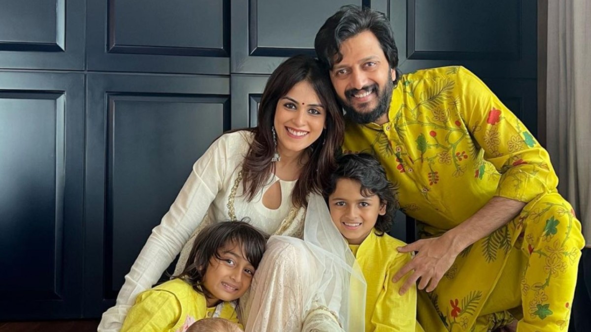 Genelia with her children and husband, Riteish Deshmukh.