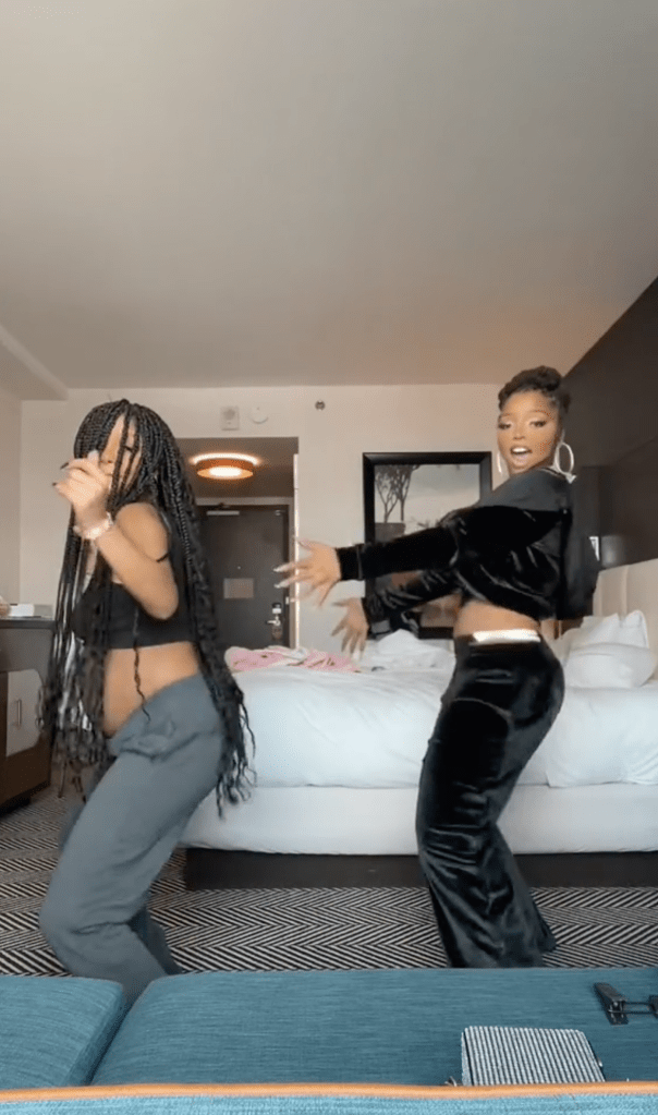 Halle Bailey shows off her bare baby bump while twerking with sister Chloe before secretly giving birth