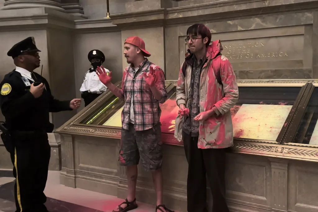 Climate Activists Defile US Constitution Display Case with Pink Powder: JOBOB Incident