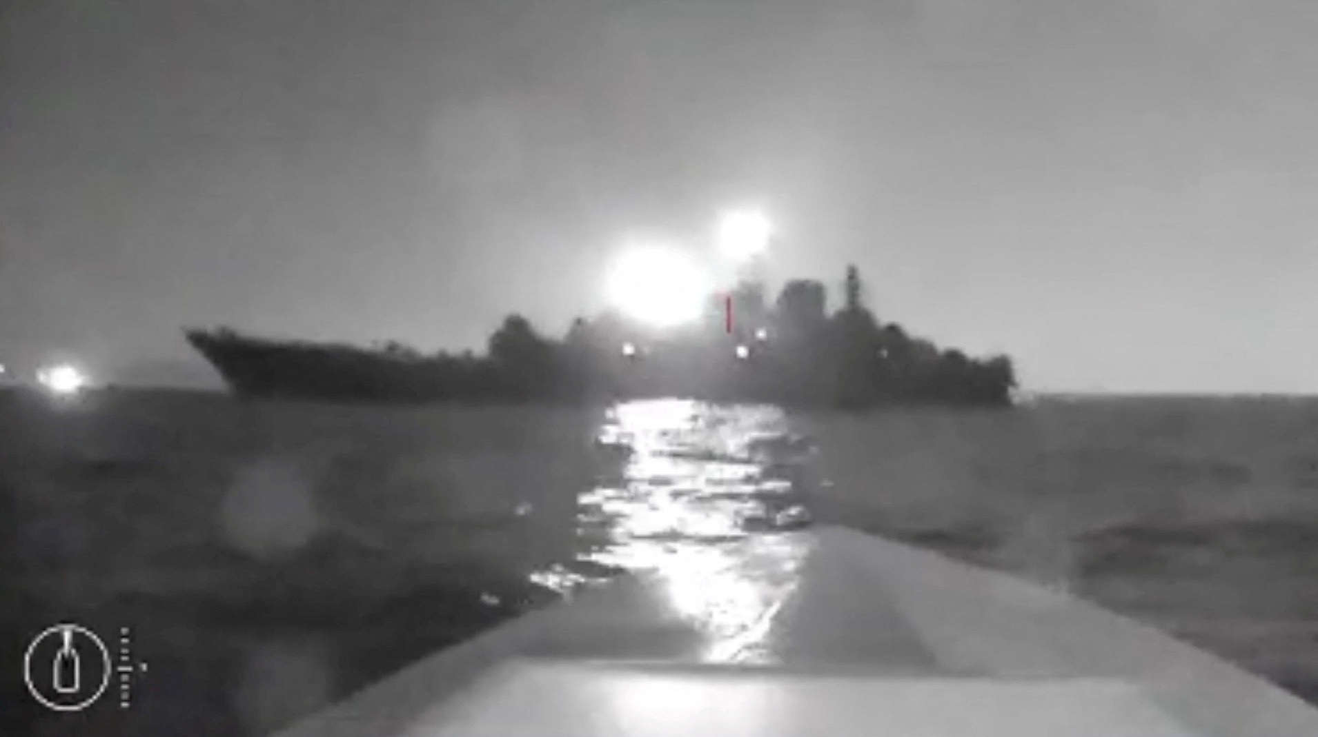Sea drone shows the silhouette of Olenegorsky Gornyak ship near the port of Novorossiysk